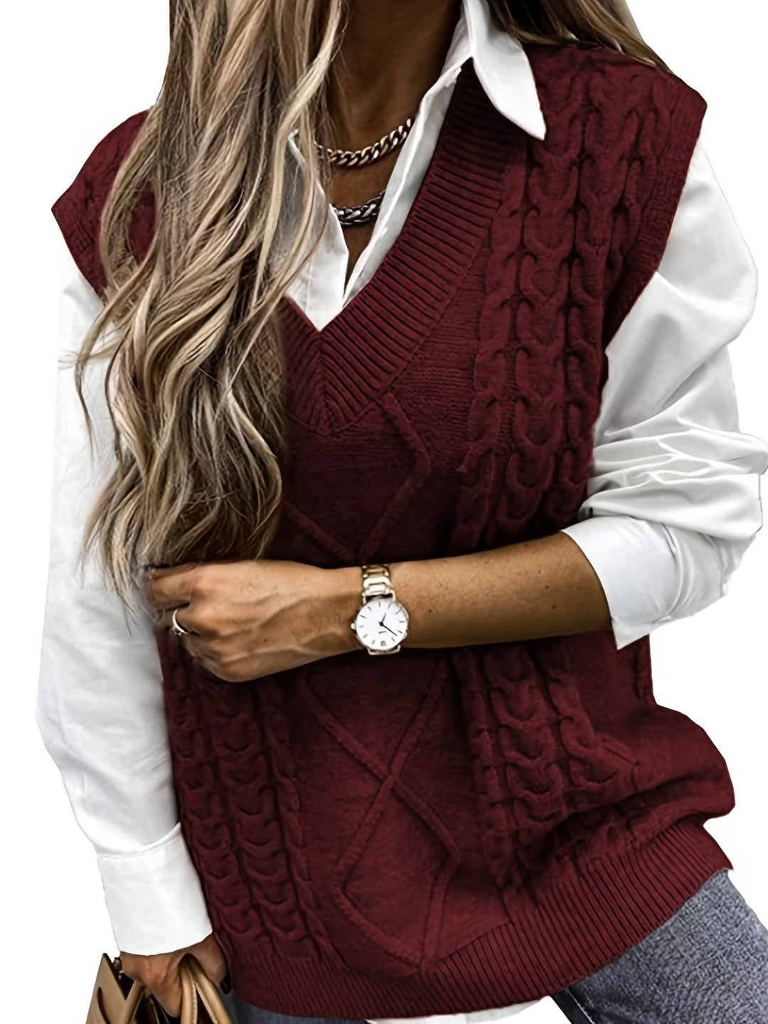 Ladies Cozy Cable-Knit V-Neck Sweater Vest