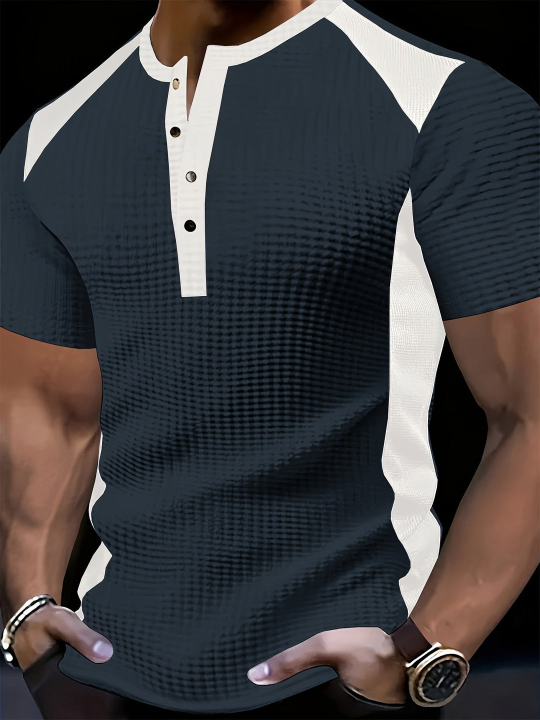 Contrast Henley Shirt for Men, Textured Style