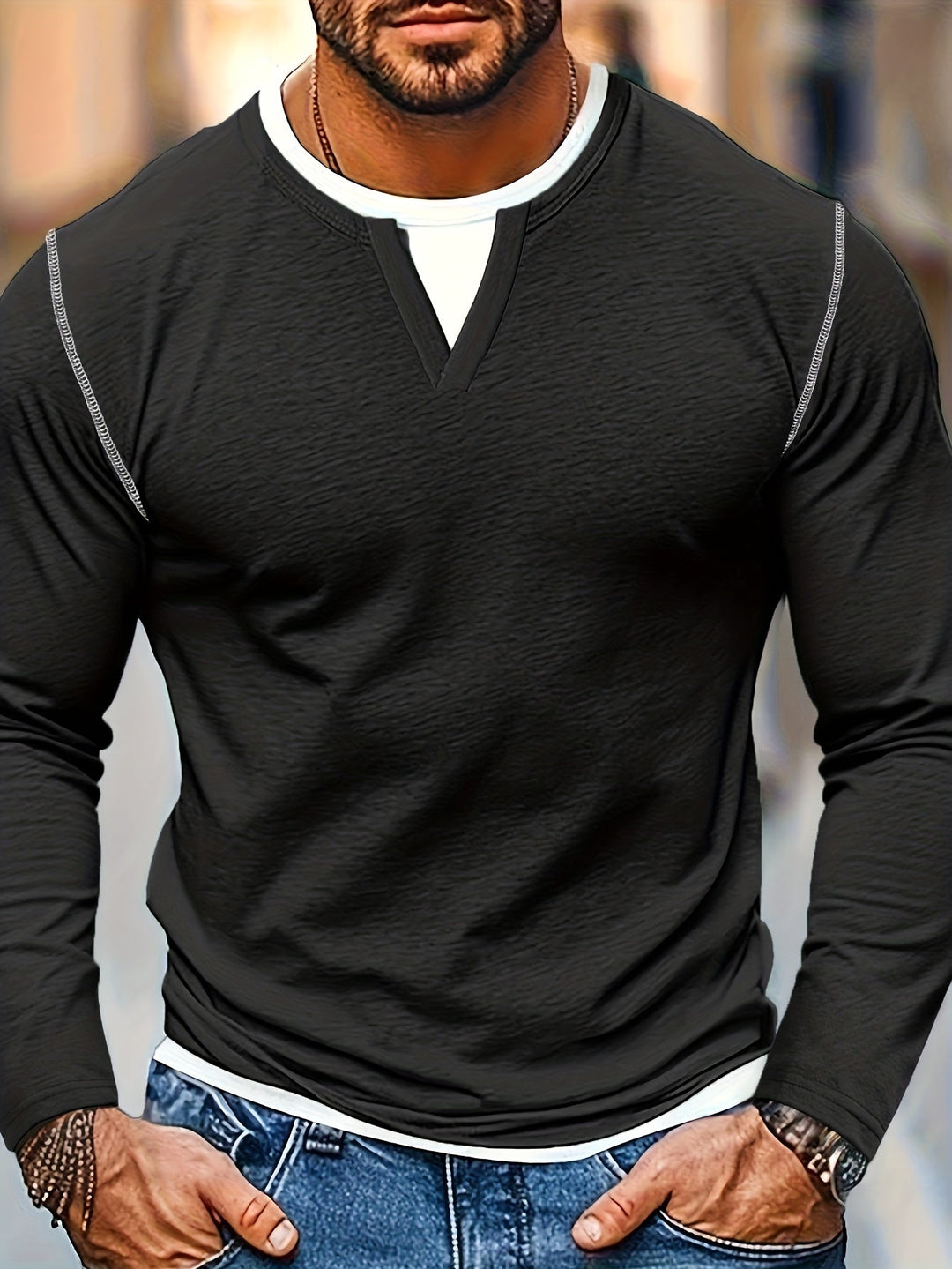 Refined Notch-Neck Henley Shirt for Men, Plus Size