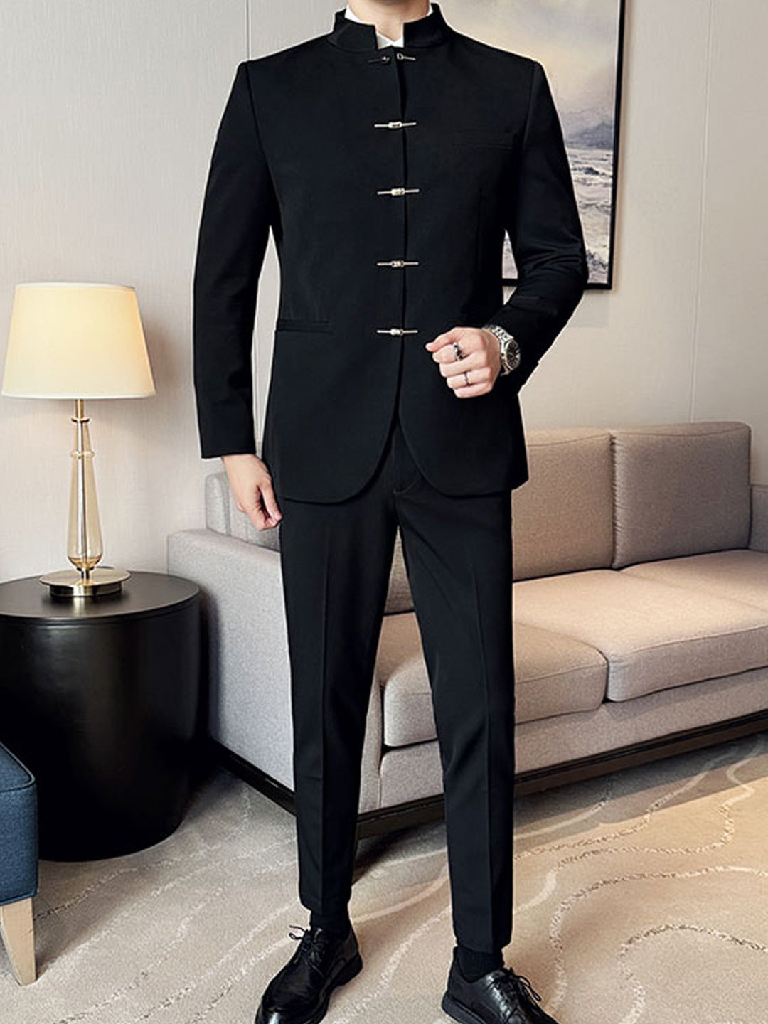 Black Stand Collar Jacket for Men