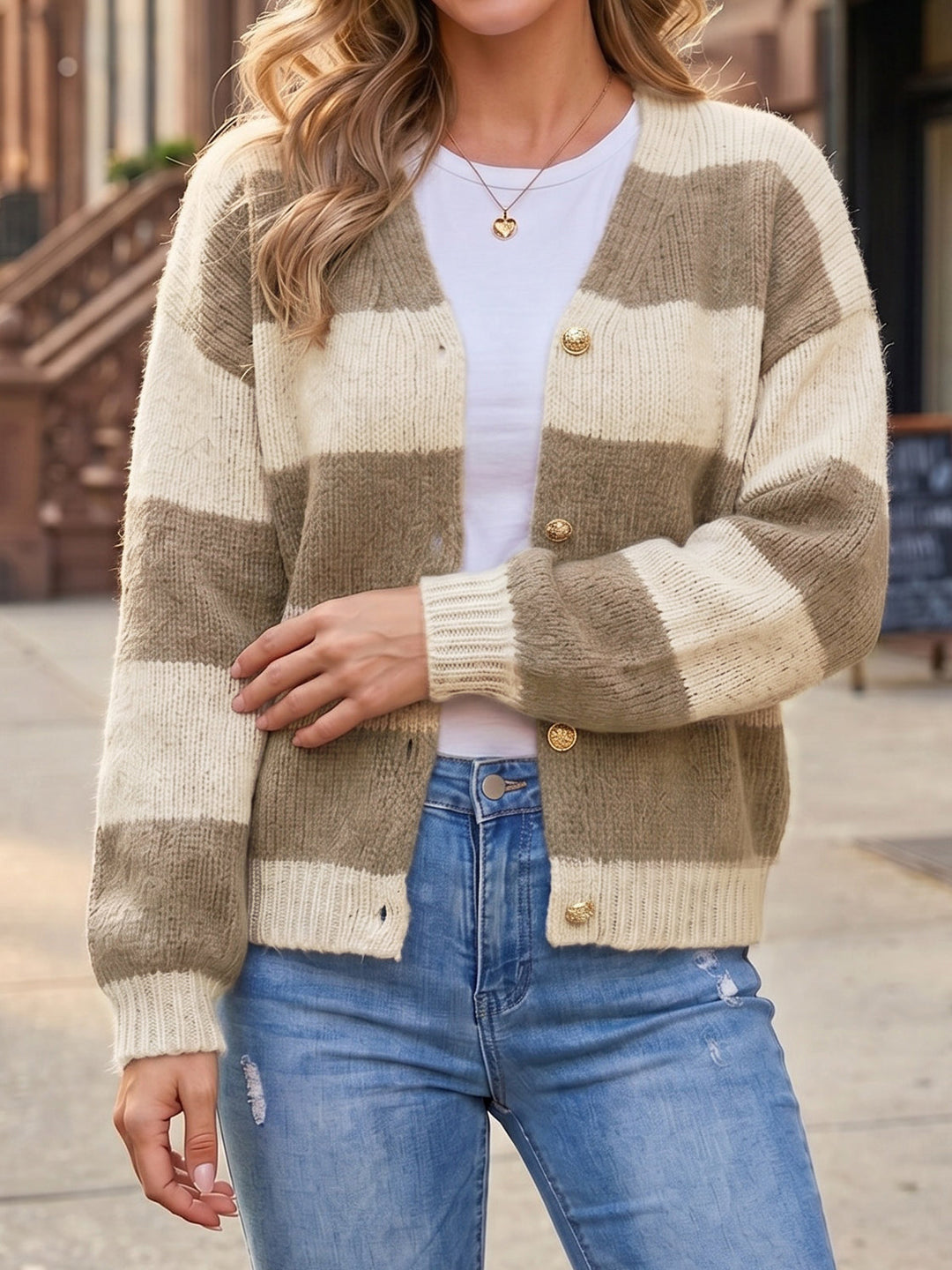 Women's Button-Front Striped Knit Cardigan