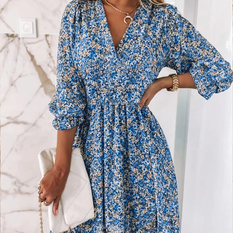 Plus Size Elegant Floral V-Neck Dress for Women