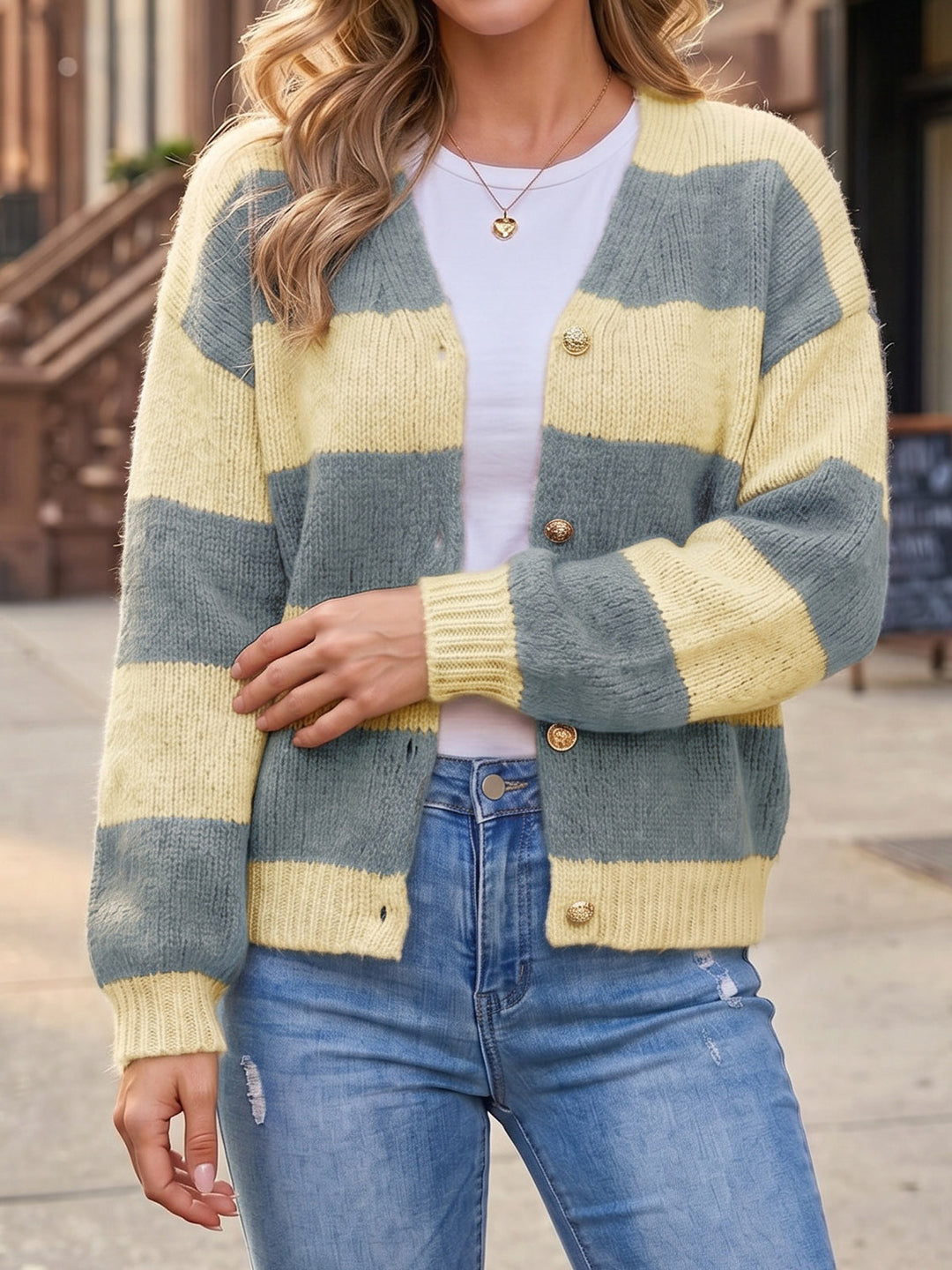 Women's Button-Front Striped Knit Cardigan