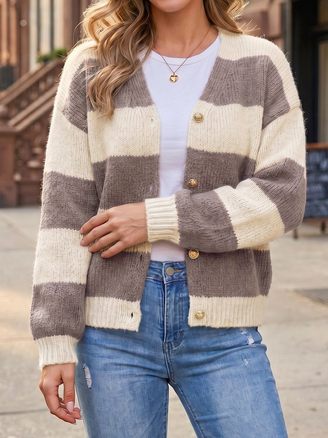 Women's Button-Front Striped Knit Cardigan