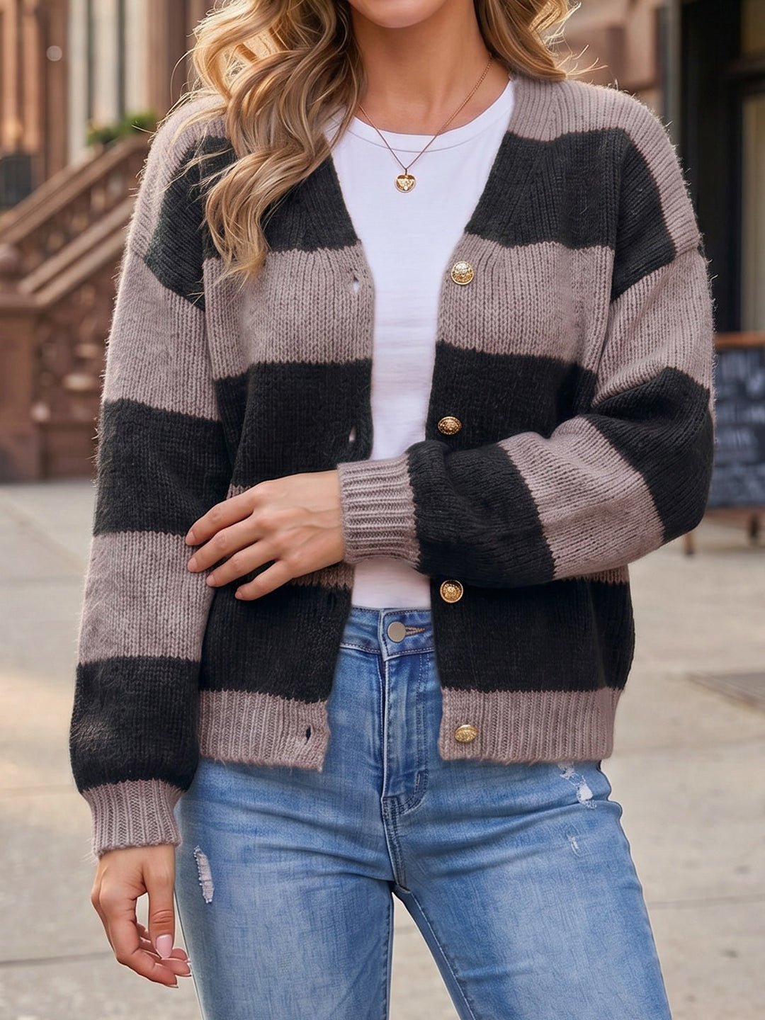Women's Button-Front Striped Knit Cardigan