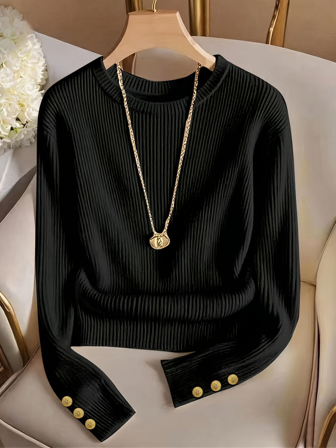 Ribbed Button-Cuff Sweater for Women
