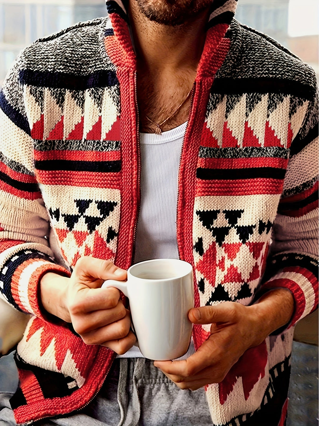 Patterned Zip-Up Cardigan for Men