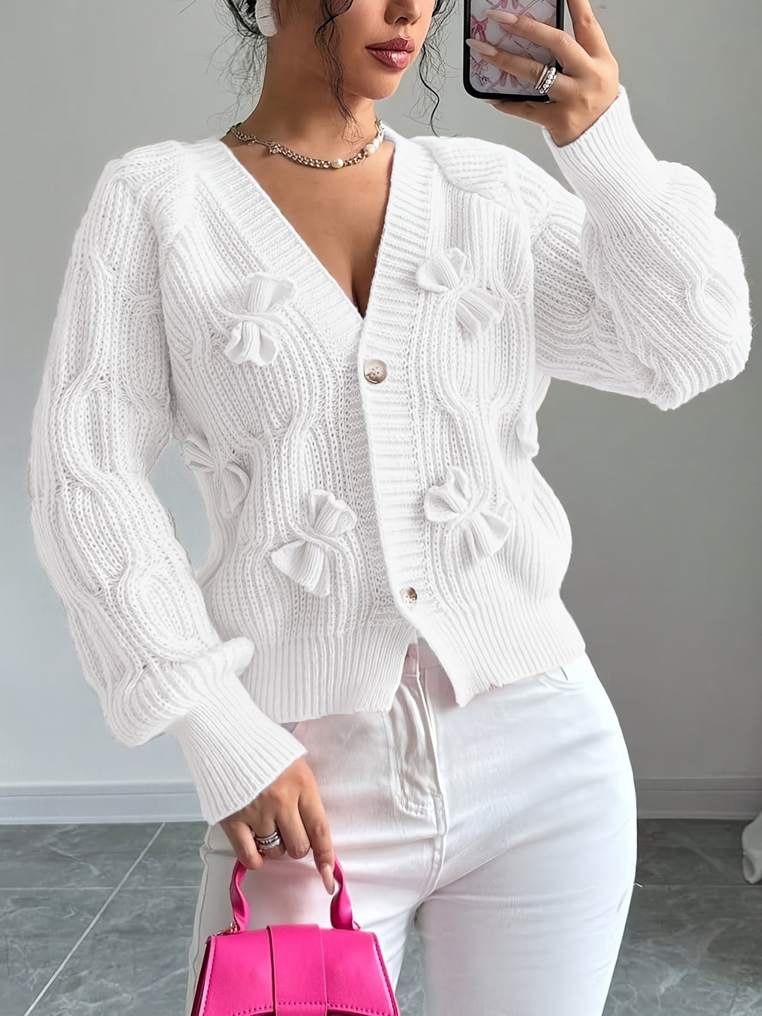 Bow-Detail Long Sleeve Cardigan, Women's Soft Fit