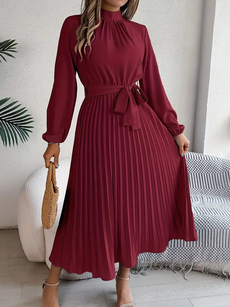 Long-Sleeve Belted Waist Midi Dress for Women