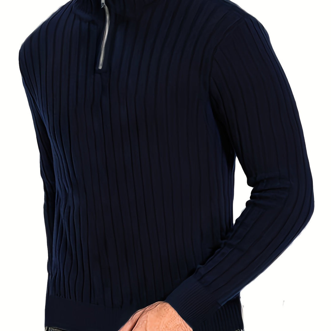 Navy Blue Ribbed Quarter-Zip Sweater for Men