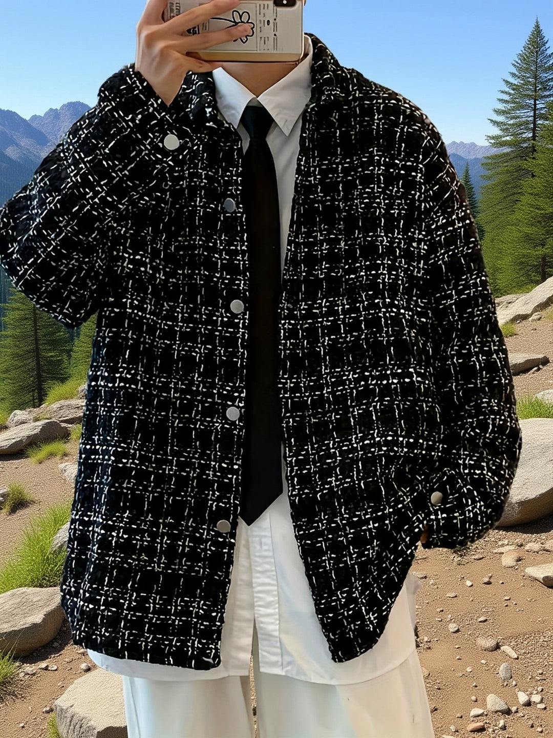 Textured Plaid Shirt Jacket for Men