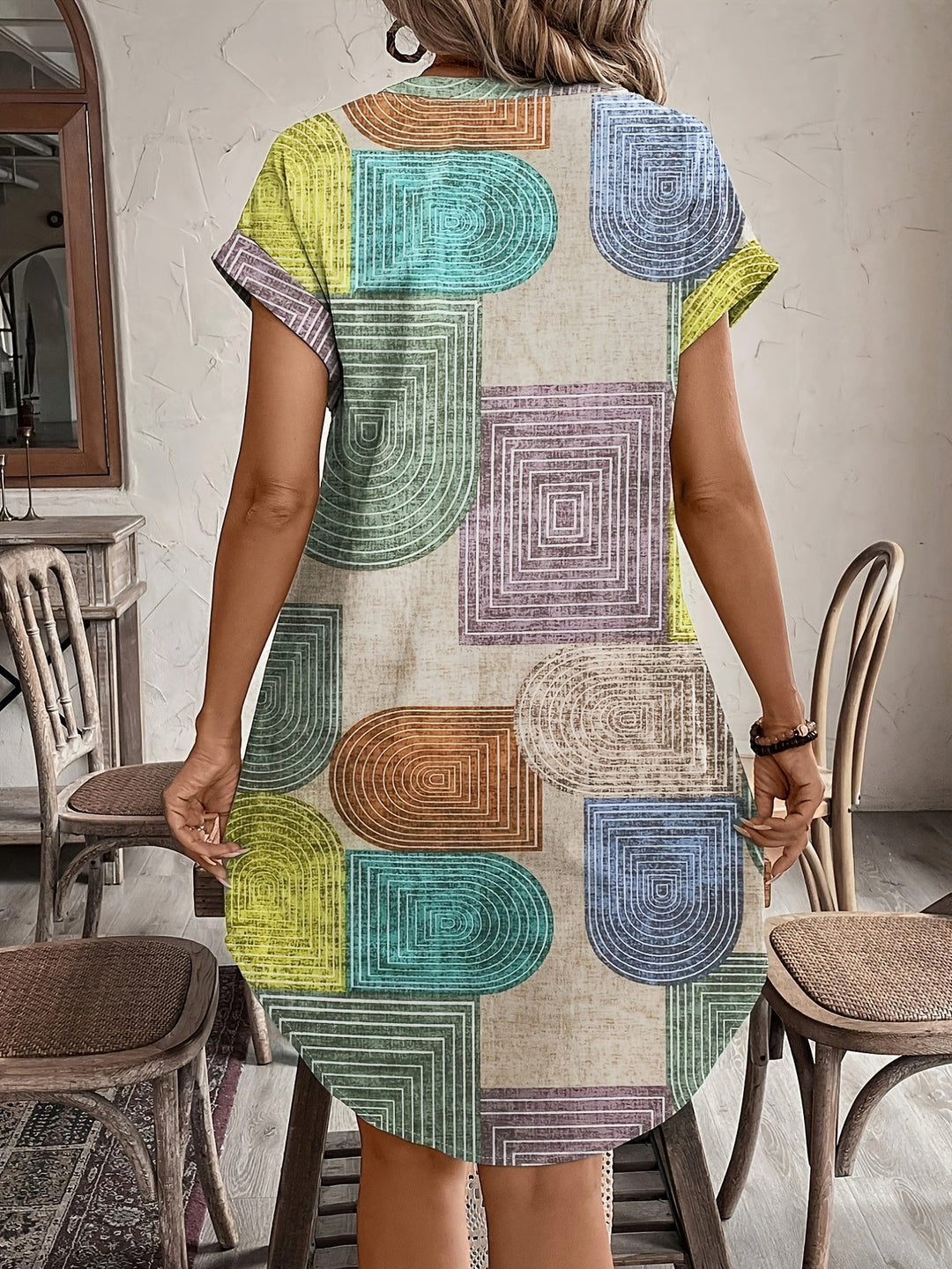 Mixed colors Retro Print Shirt Dress for Women