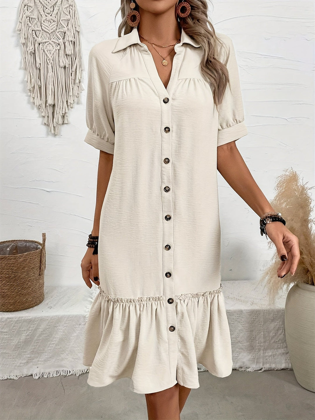 Buttoned Boho Midi Dress for Women