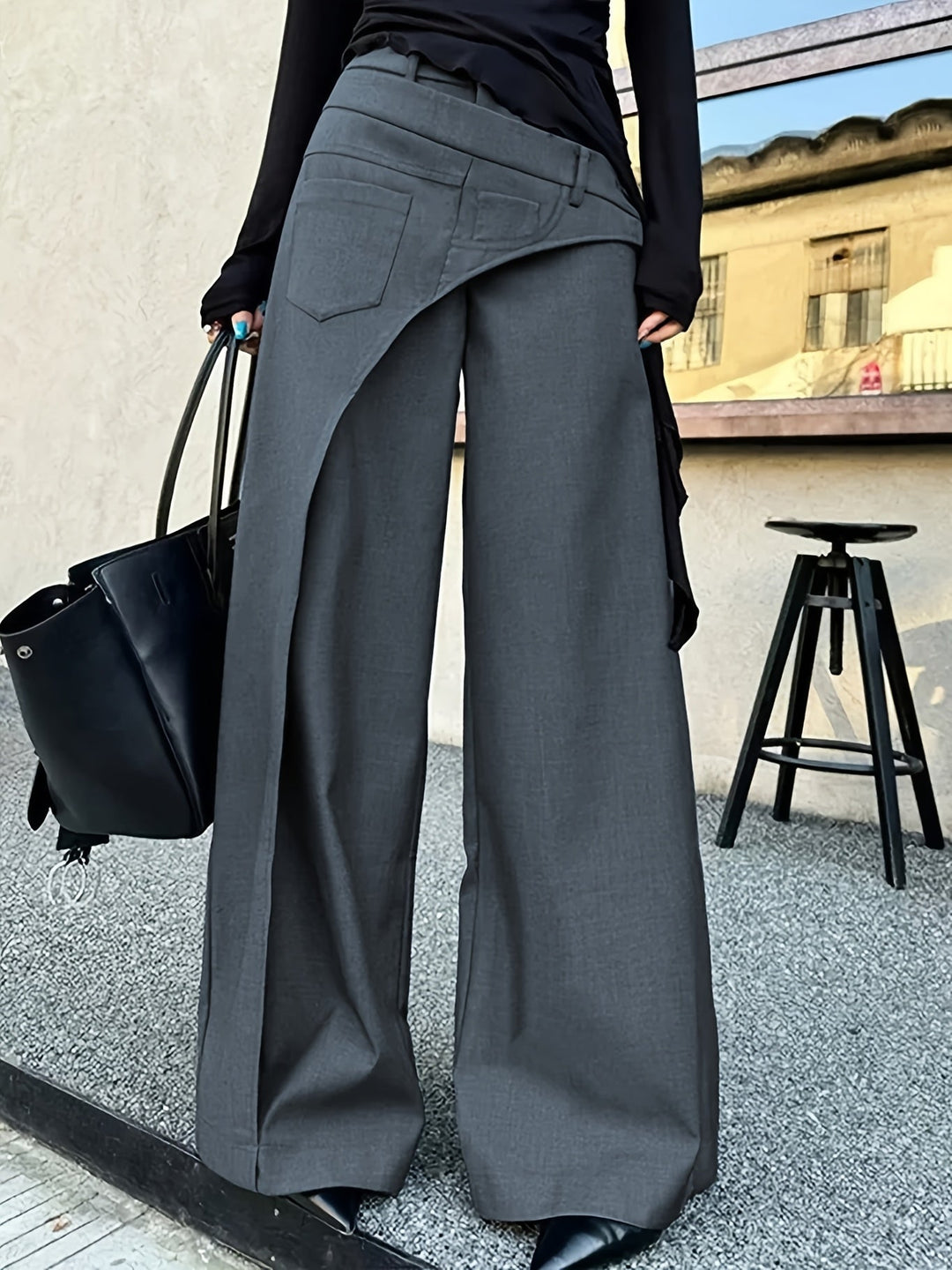 Dark Gray Wide-Leg High-Waist Pants for Women