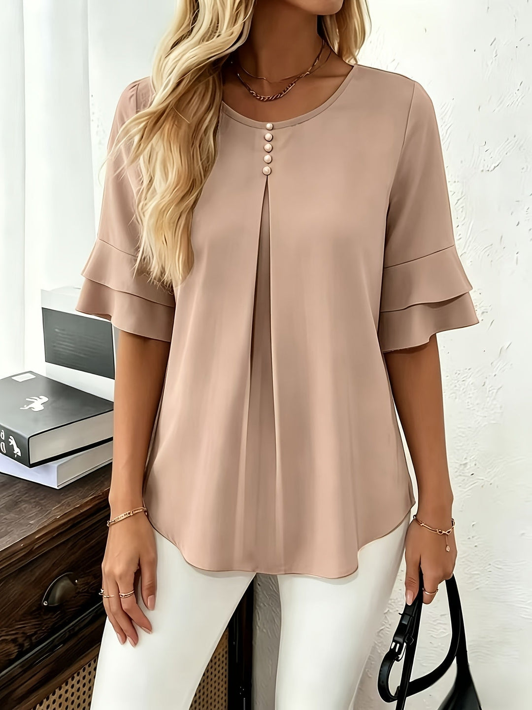 Flared-Sleeve Pleated Blouse for Women