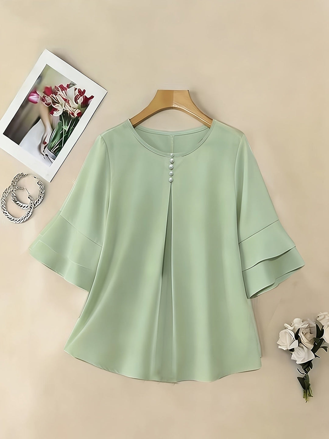 Flared-Sleeve Pleated Blouse for Women