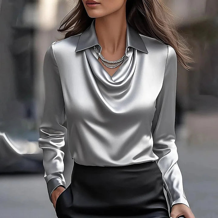 Draped Neckline Satin Blouse, Women's Elegant Fit