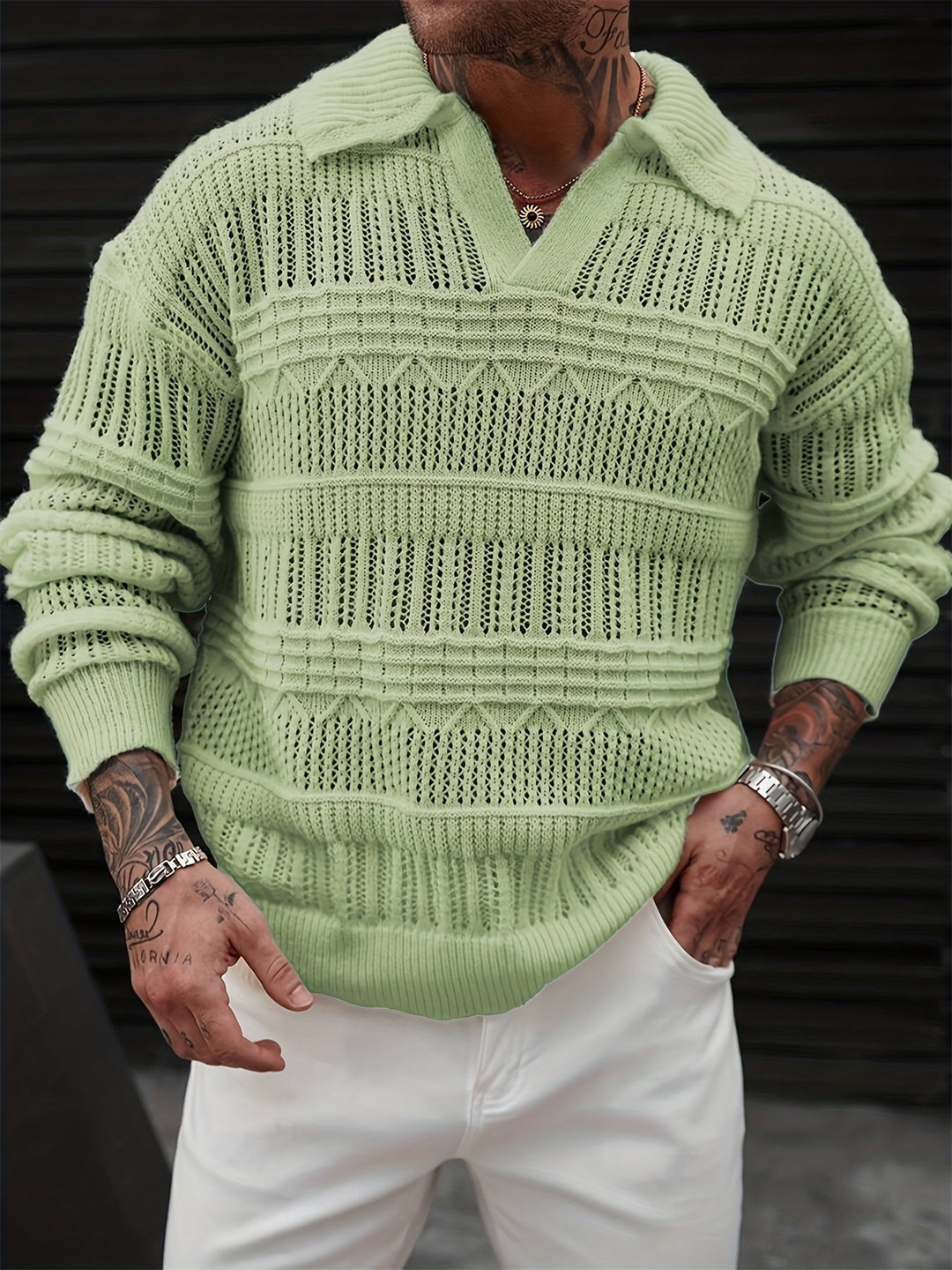 Collared Knit Sweater for Men, Textured Style