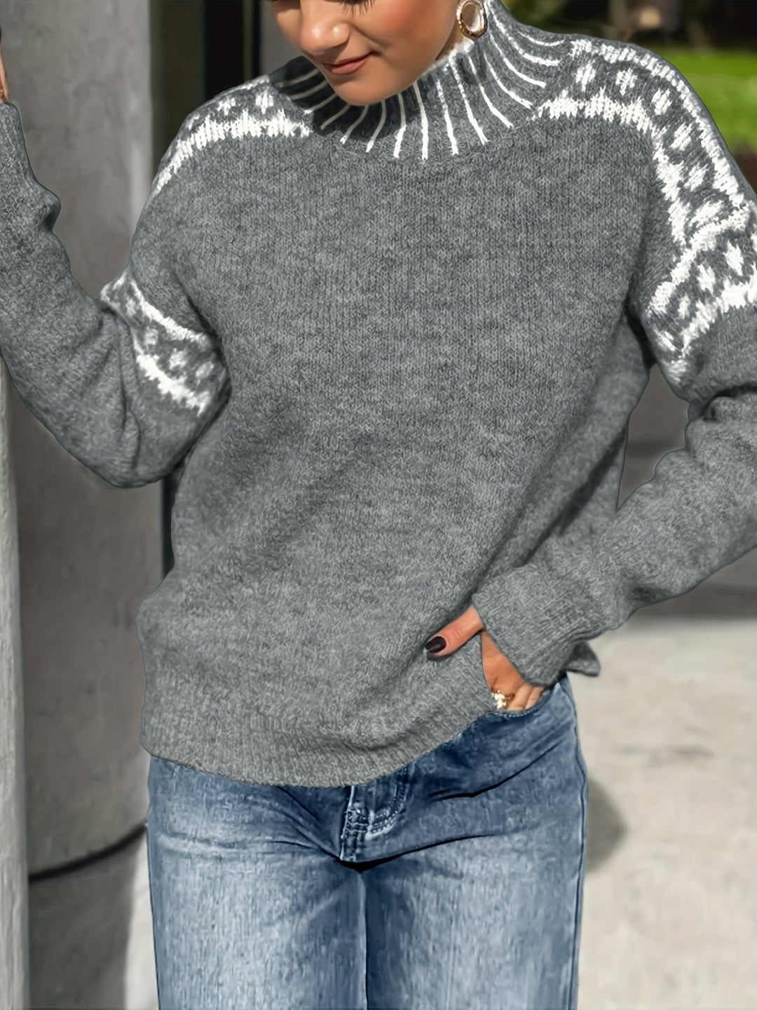 Contrast-Trim Mock-Neck Sweater for Women
