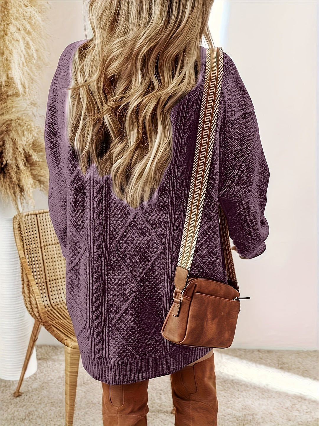 Purple Cable-Knit Sweater Dress for Women
