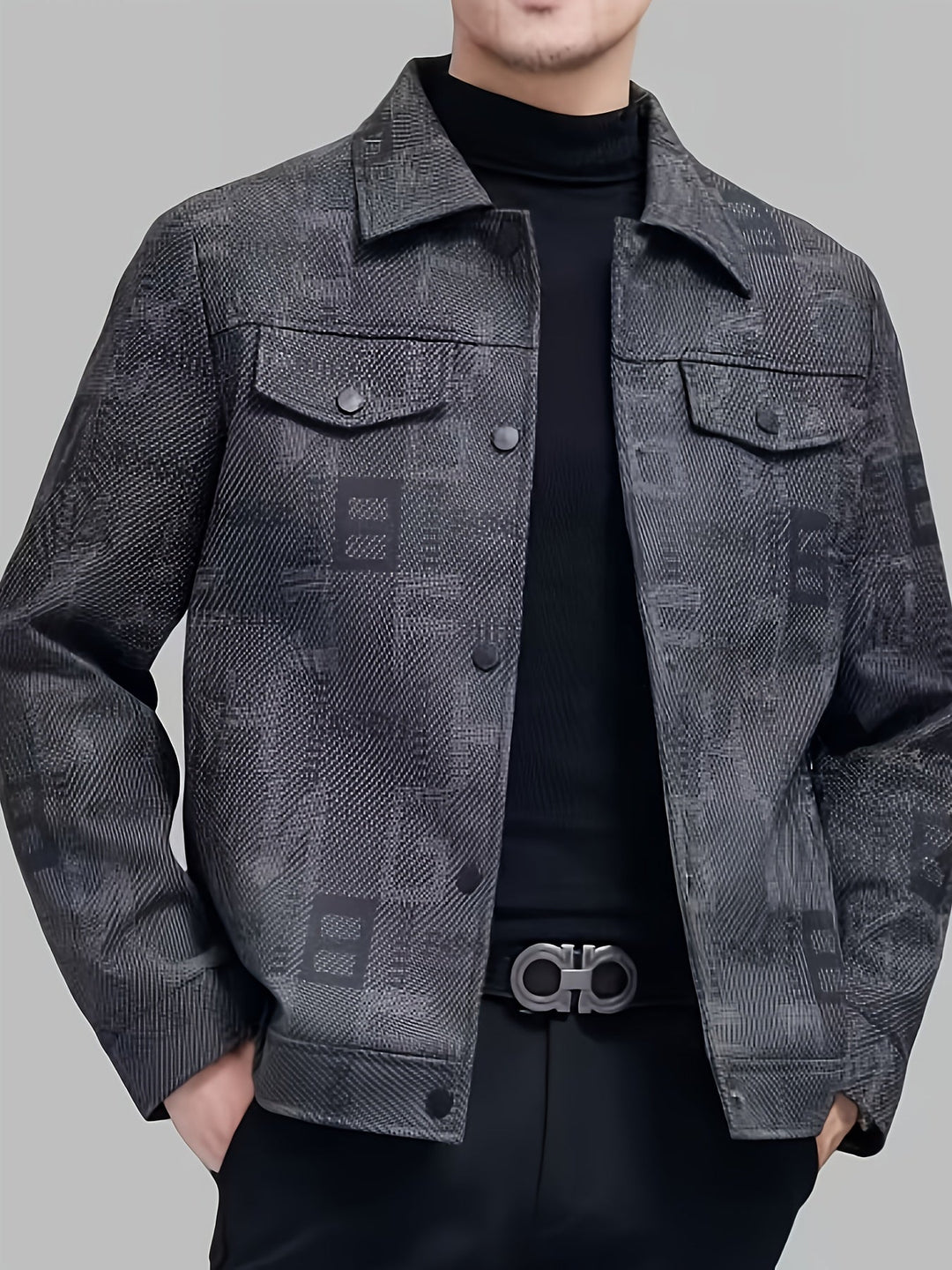 Black Patterned Trucker Jacket for Men