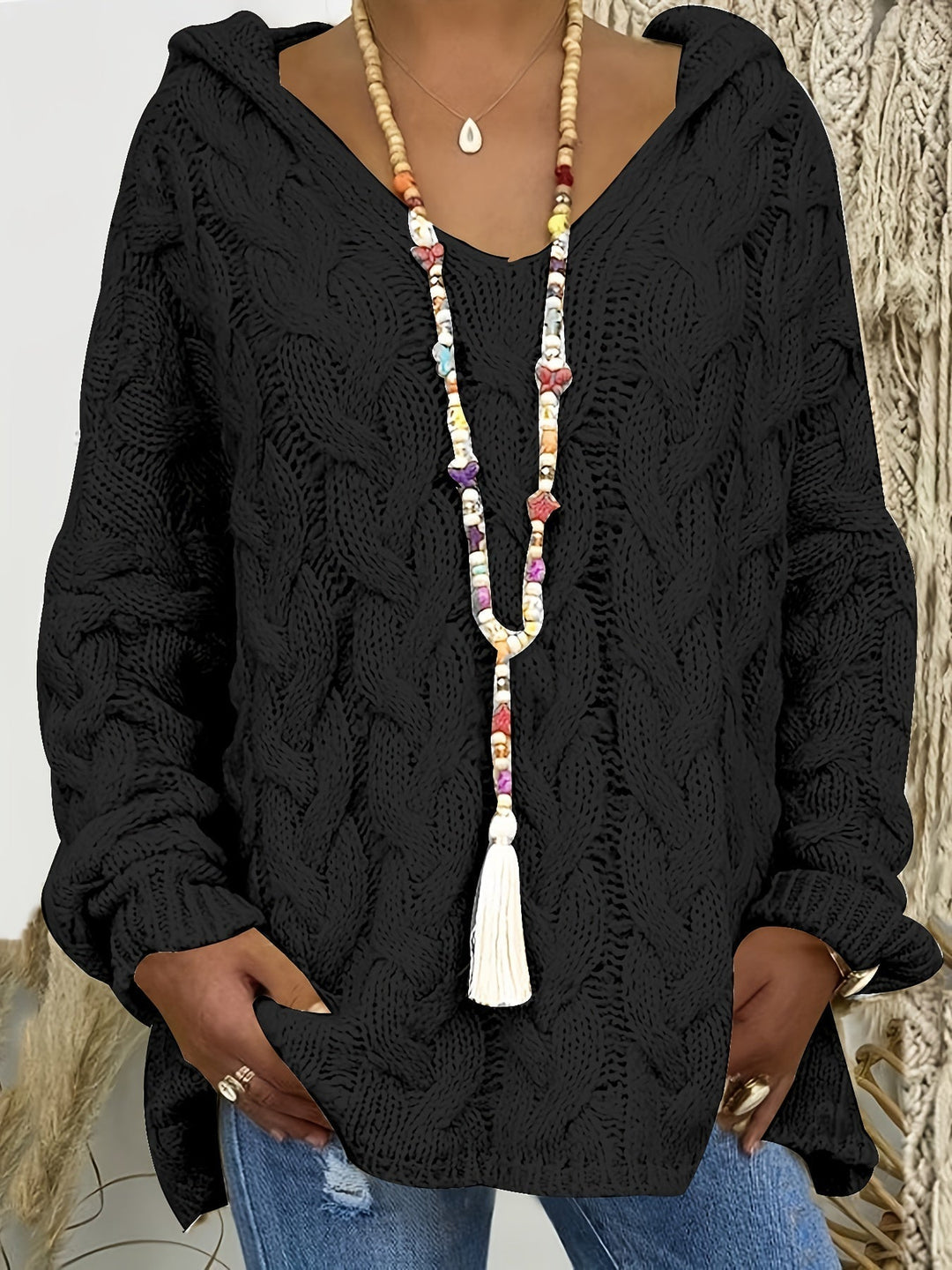 Cable-Knit V-Neck Sweater for Women, Relaxed Style