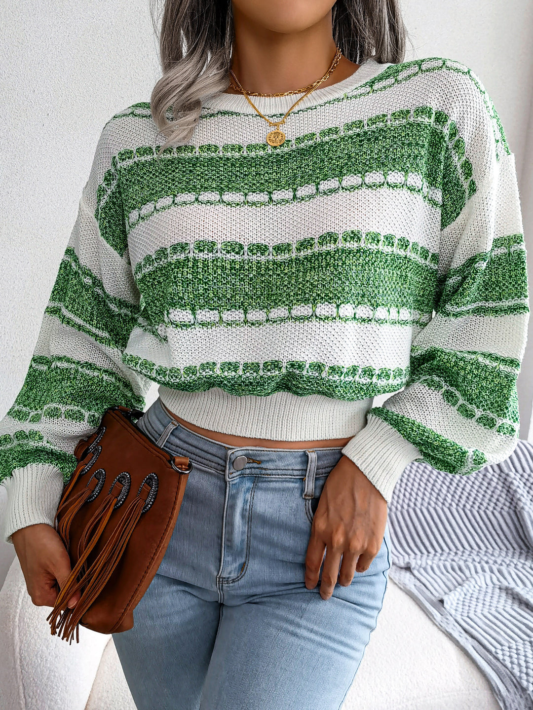 Women's Long Sleeve Knit Sweater – Black, Green, Orange