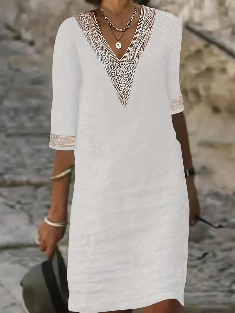 V-Neck Mid Sleeve Dress for Women, Stylish Style
