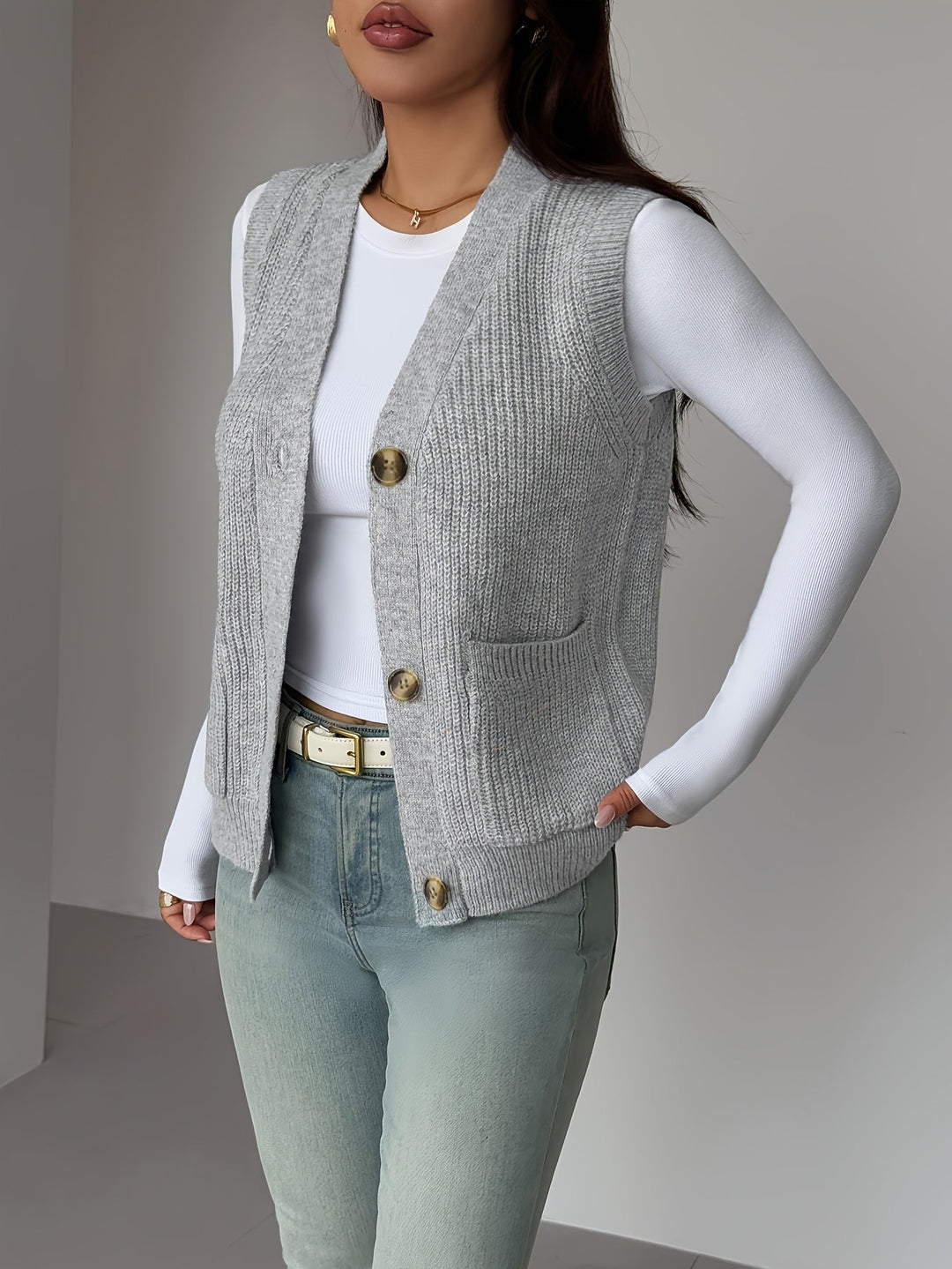 Buttoned V-Neck Knit Vest for Women
