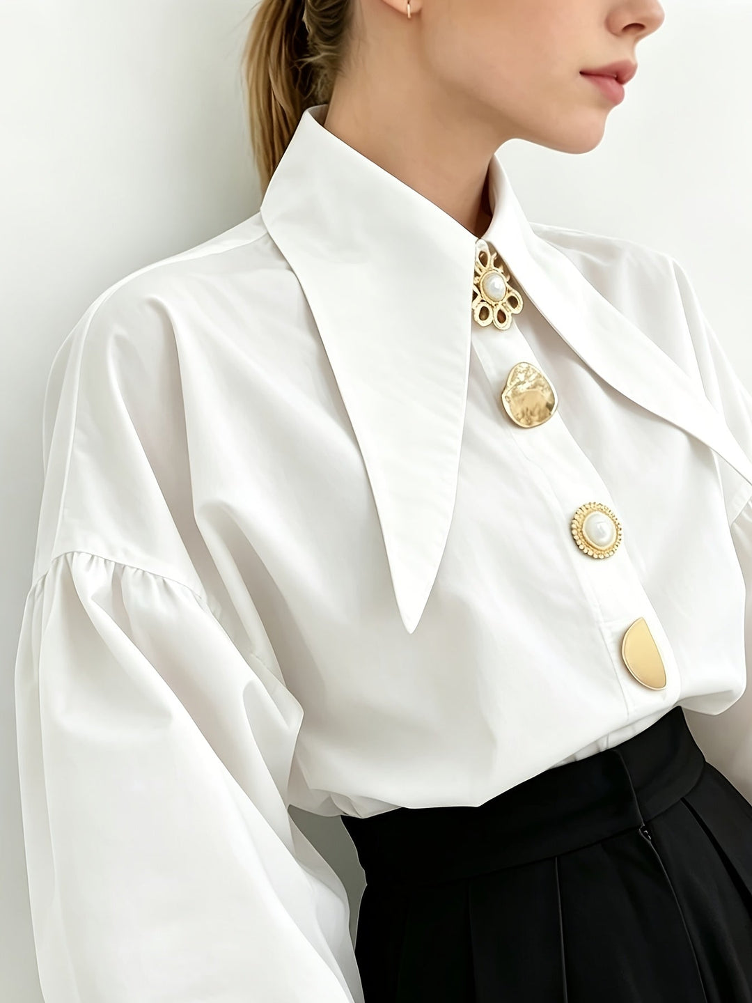 White Statement Collar Blouse for Women