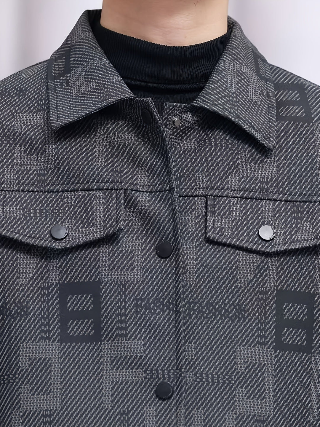 Black Patterned Trucker Jacket for Men