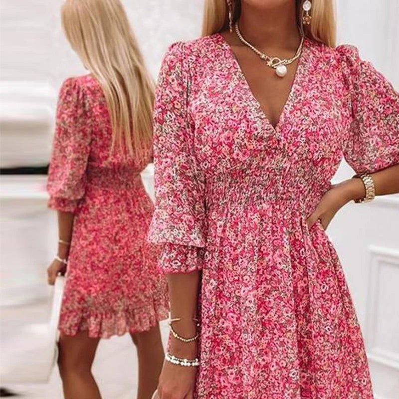 Plus Size Elegant Floral V-Neck Dress for Women
