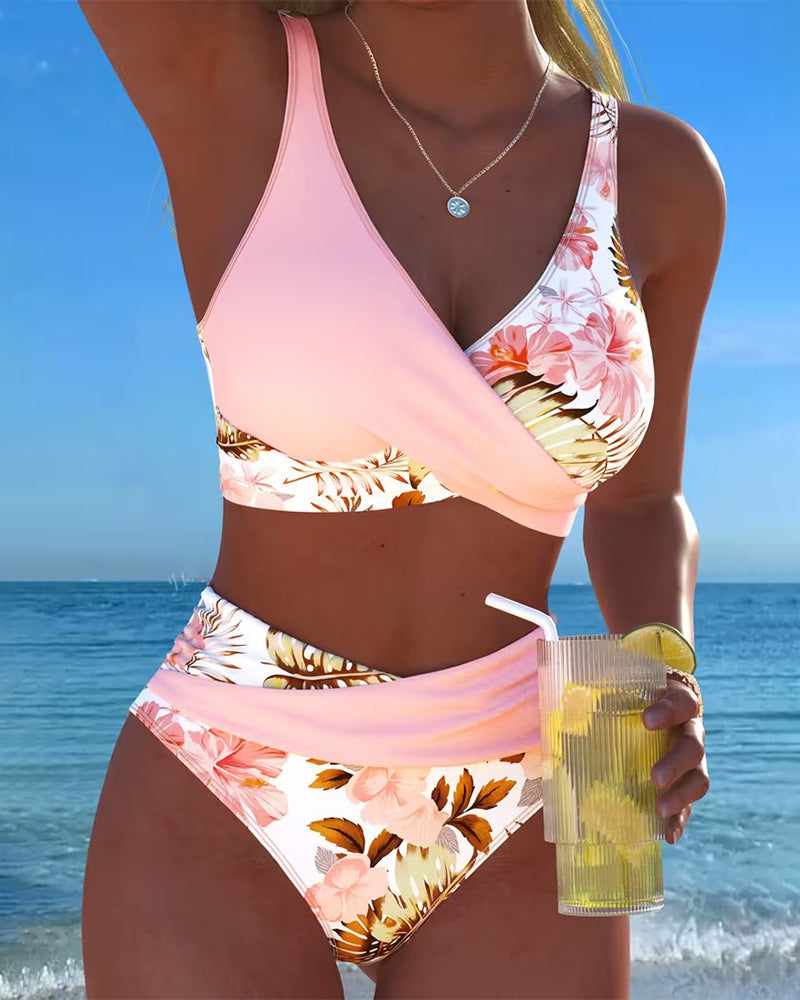 Floral Contrast Cut-Out Bikini for Women, Plus Size