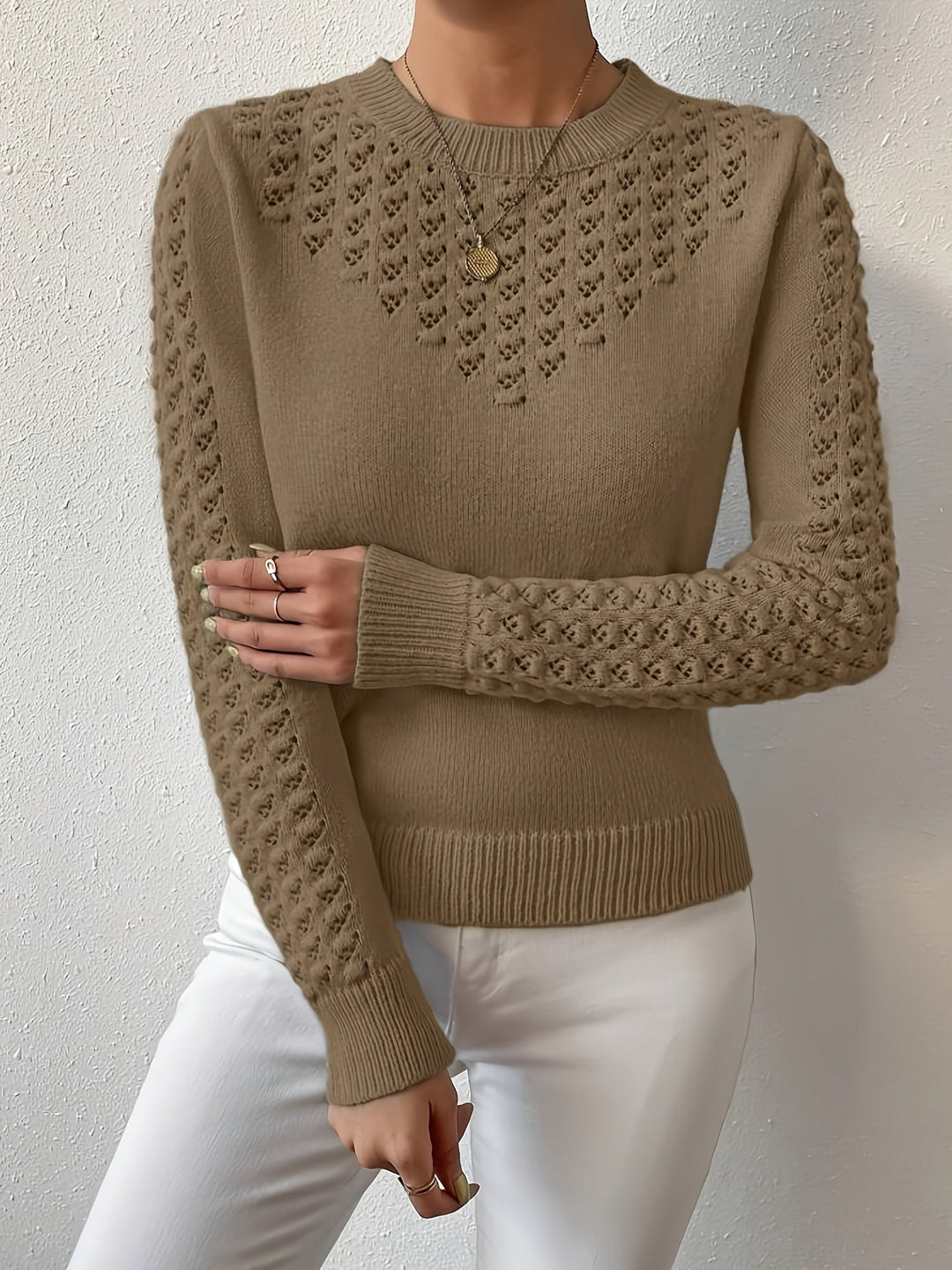 Pointelle-Knit Round Neck Sweater for Women