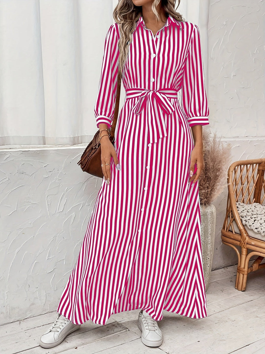 Women's Belted Shirt Maxi Dress