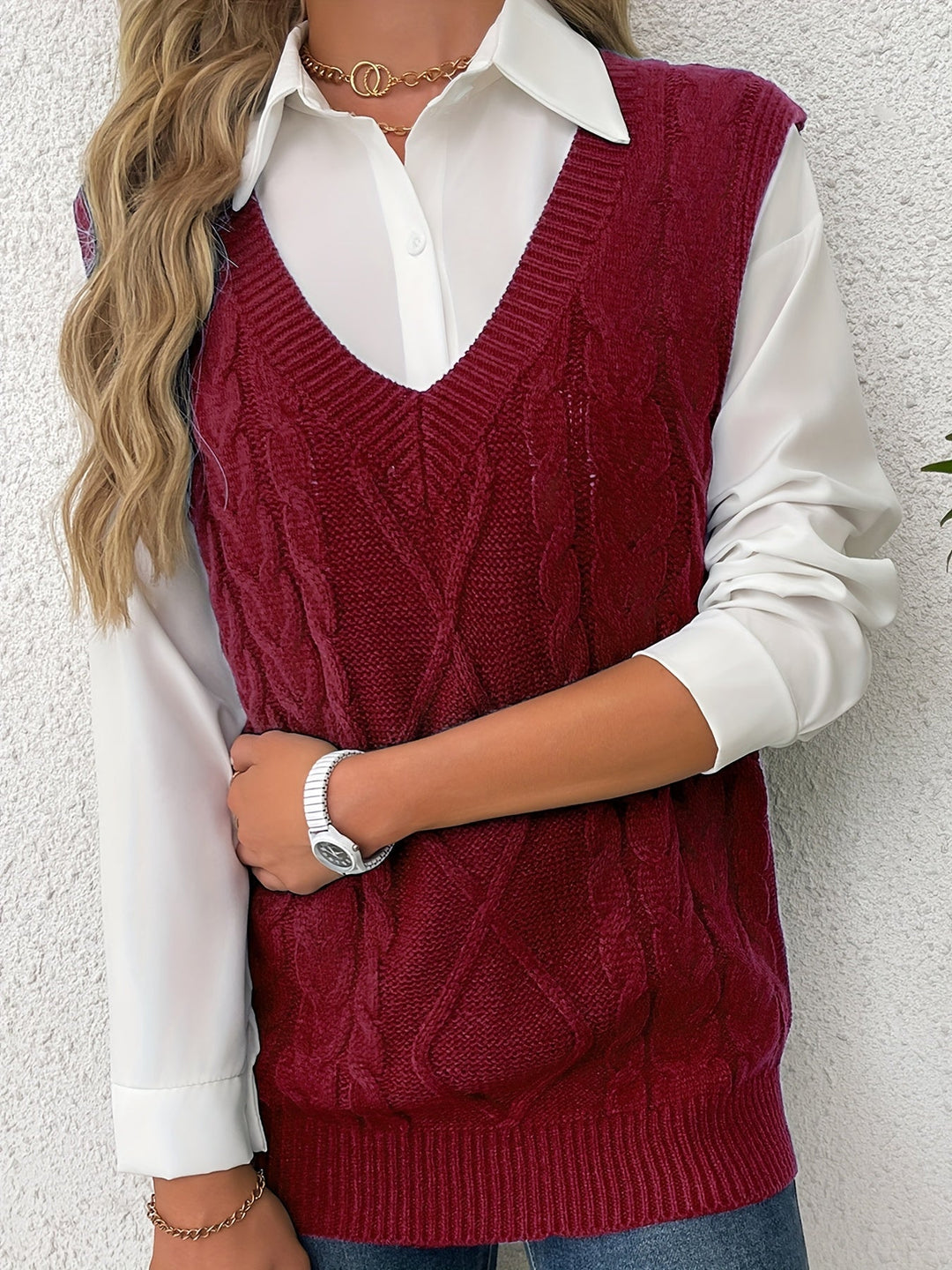 Ladies Cozy Cable-Knit V-Neck Sweater Vest