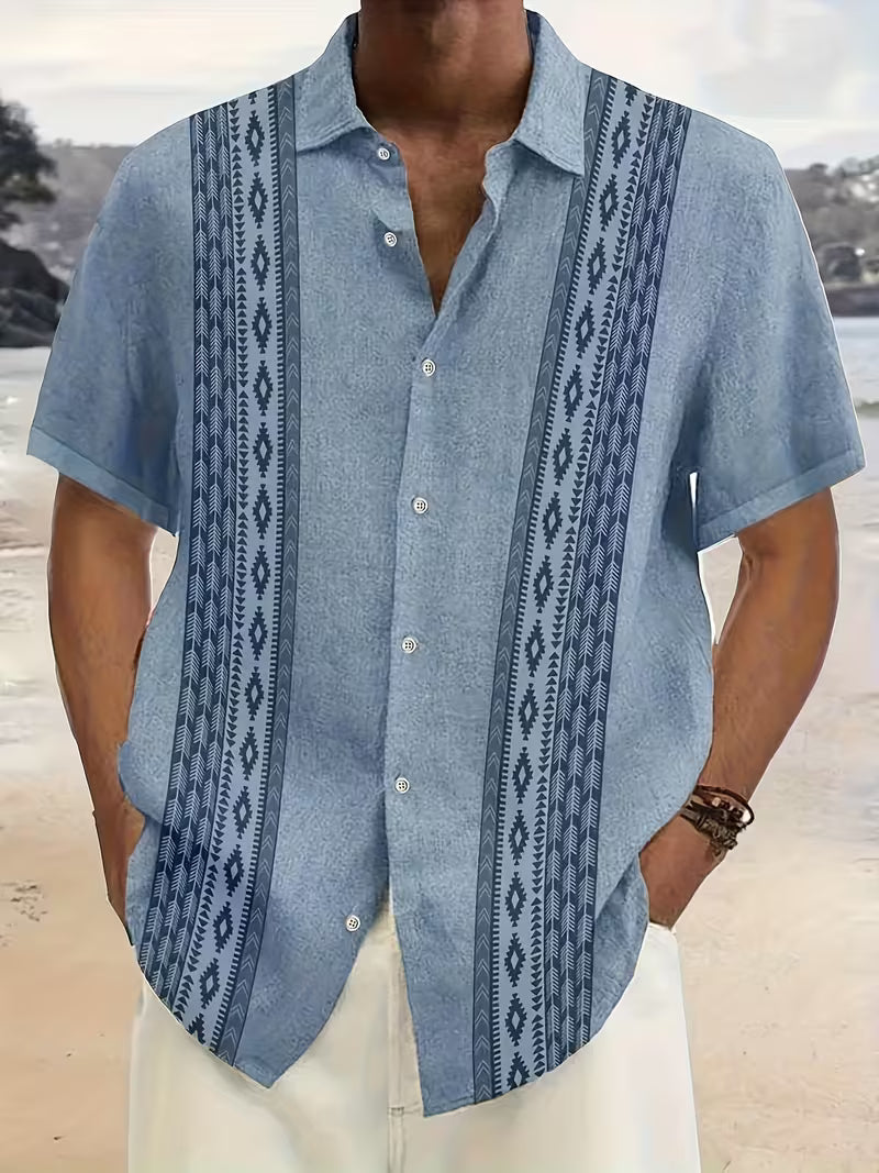 Geometric Pattern Button Shirts for Men, Vintage Style