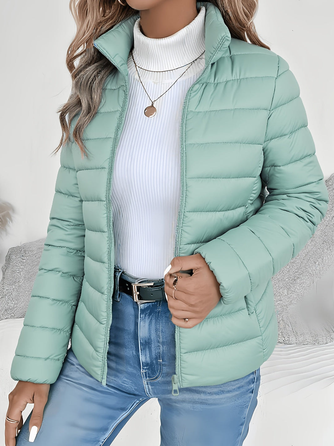 Stand-Collar Puffer Jacket for Women, Lightweight Style
