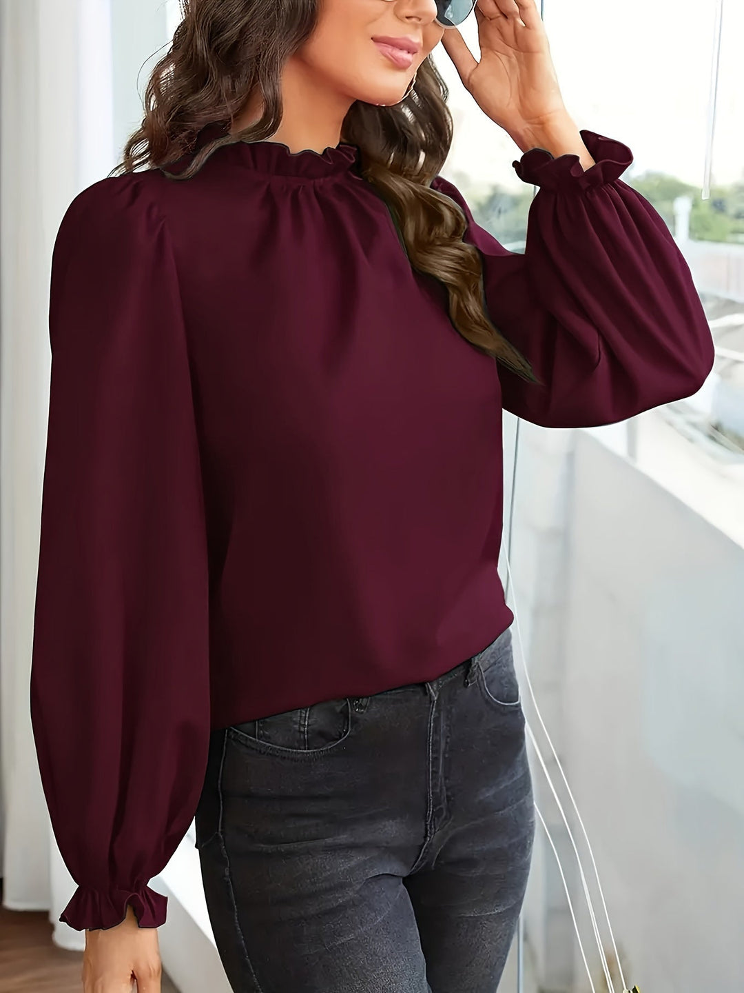 Ruffled High-Neck Puff Sleeve Blouse for Women