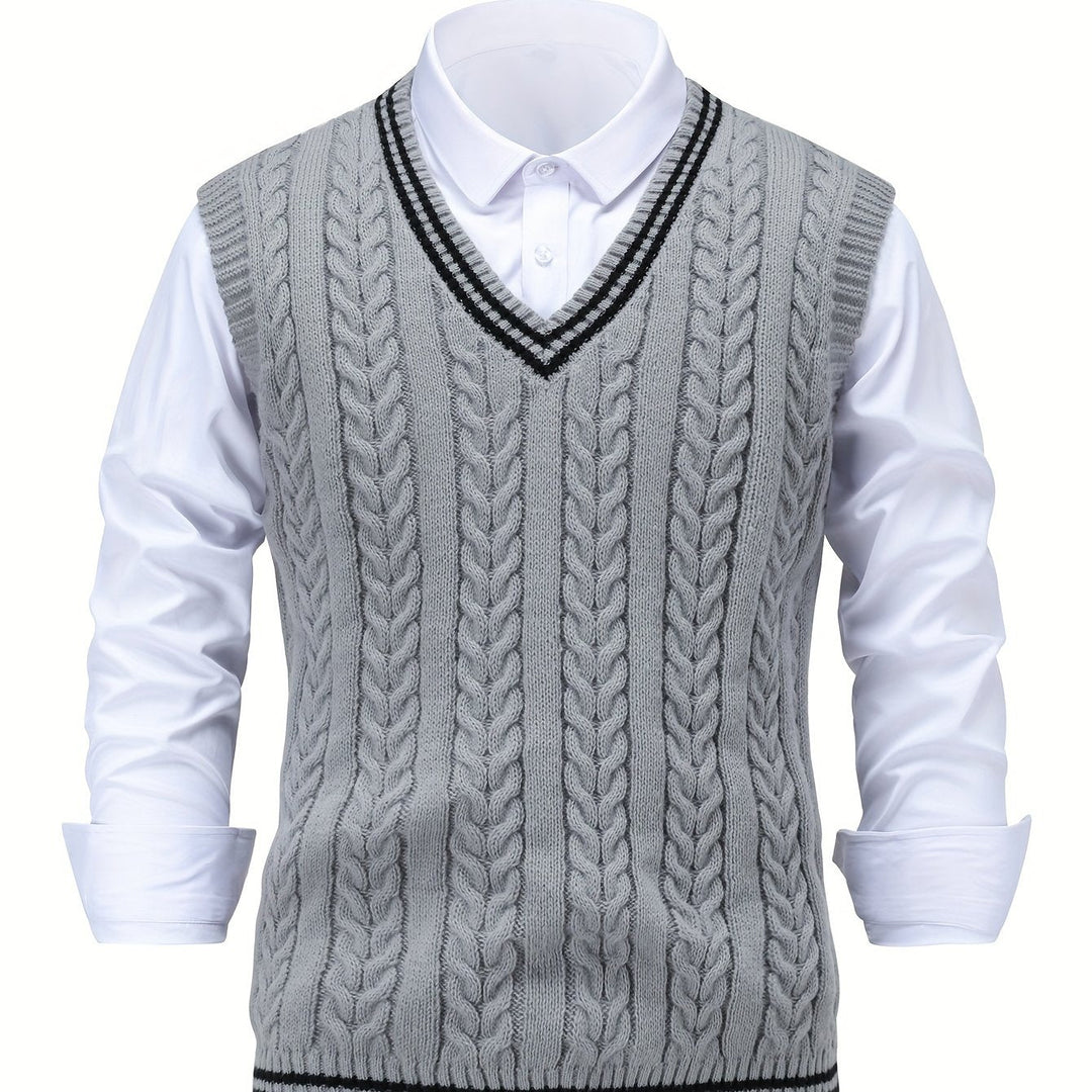 Cable-Knit V-Neck Sweater Vest for Men, Dark Gray