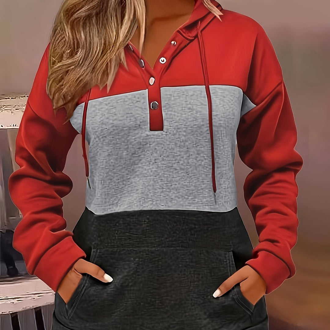 Color Block Button-Neck Hoodie for Women