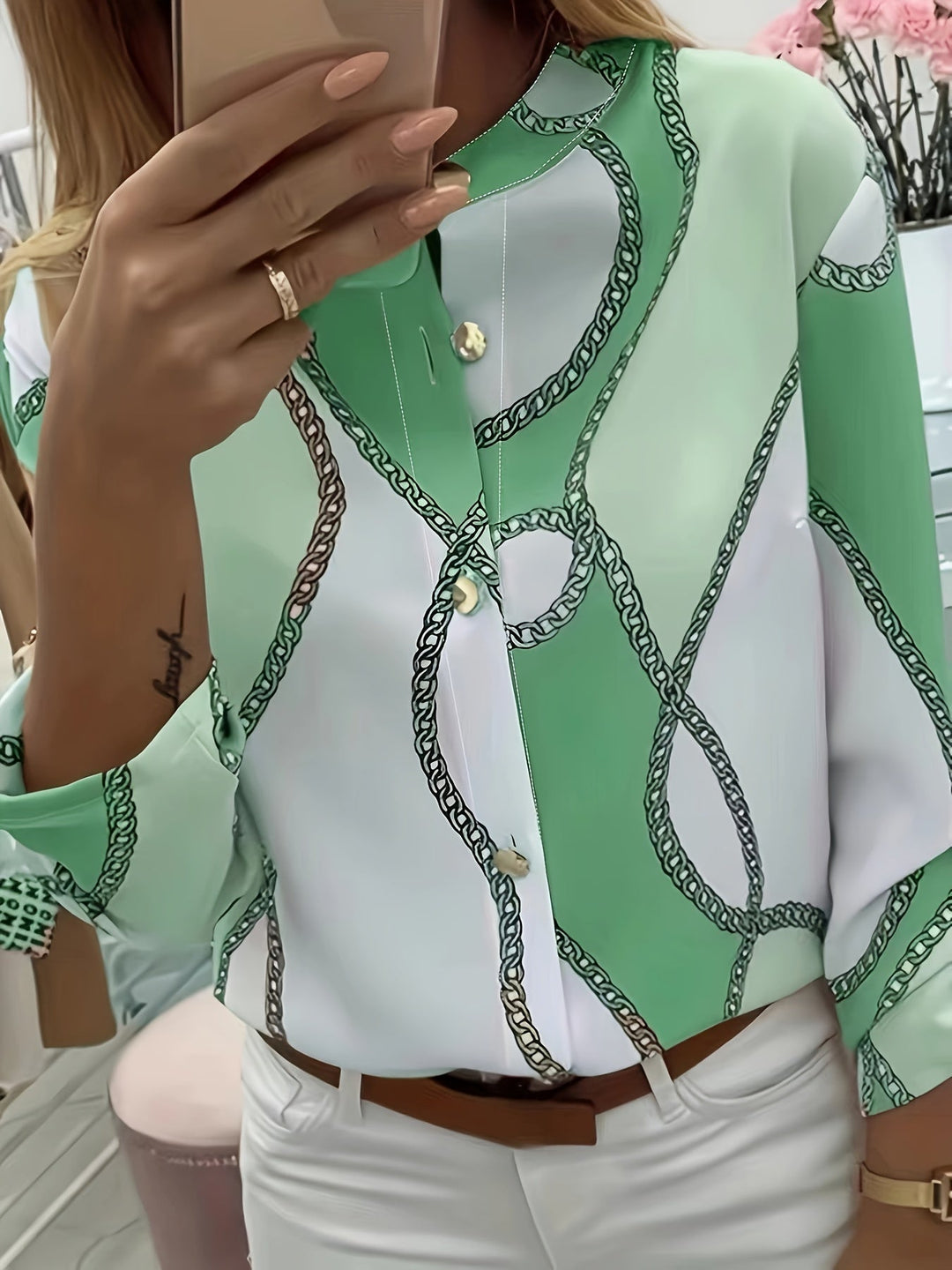 Women's Chain-Print Collared Shirt