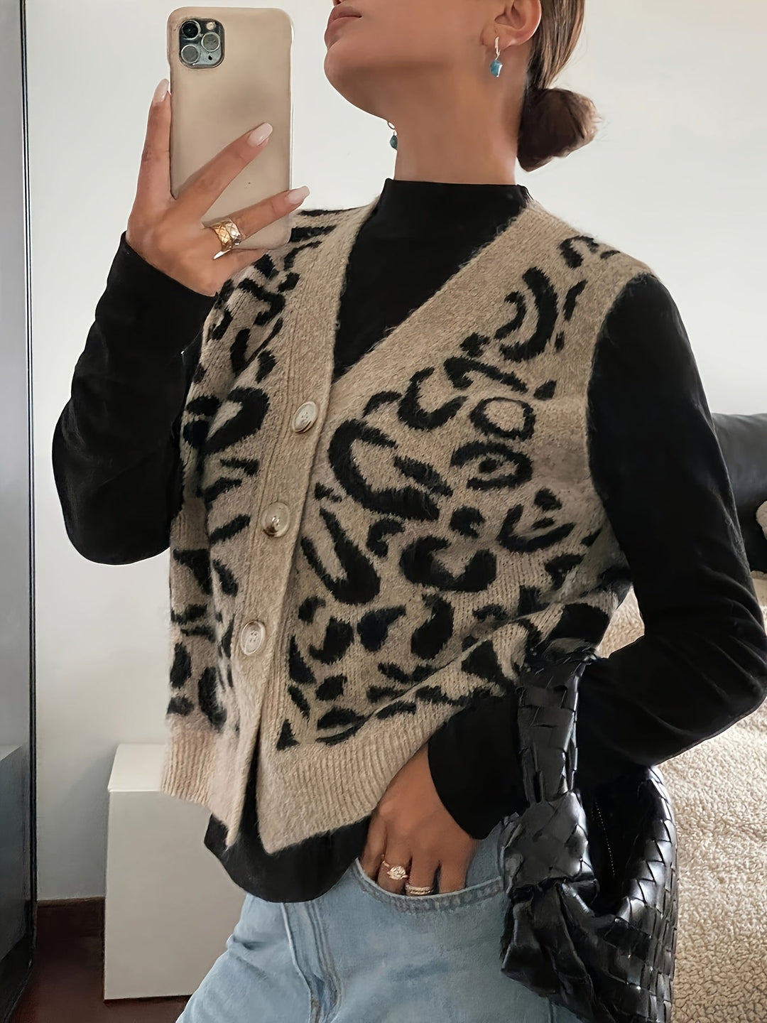 Khaki Patterned Button-Front Vest for Women