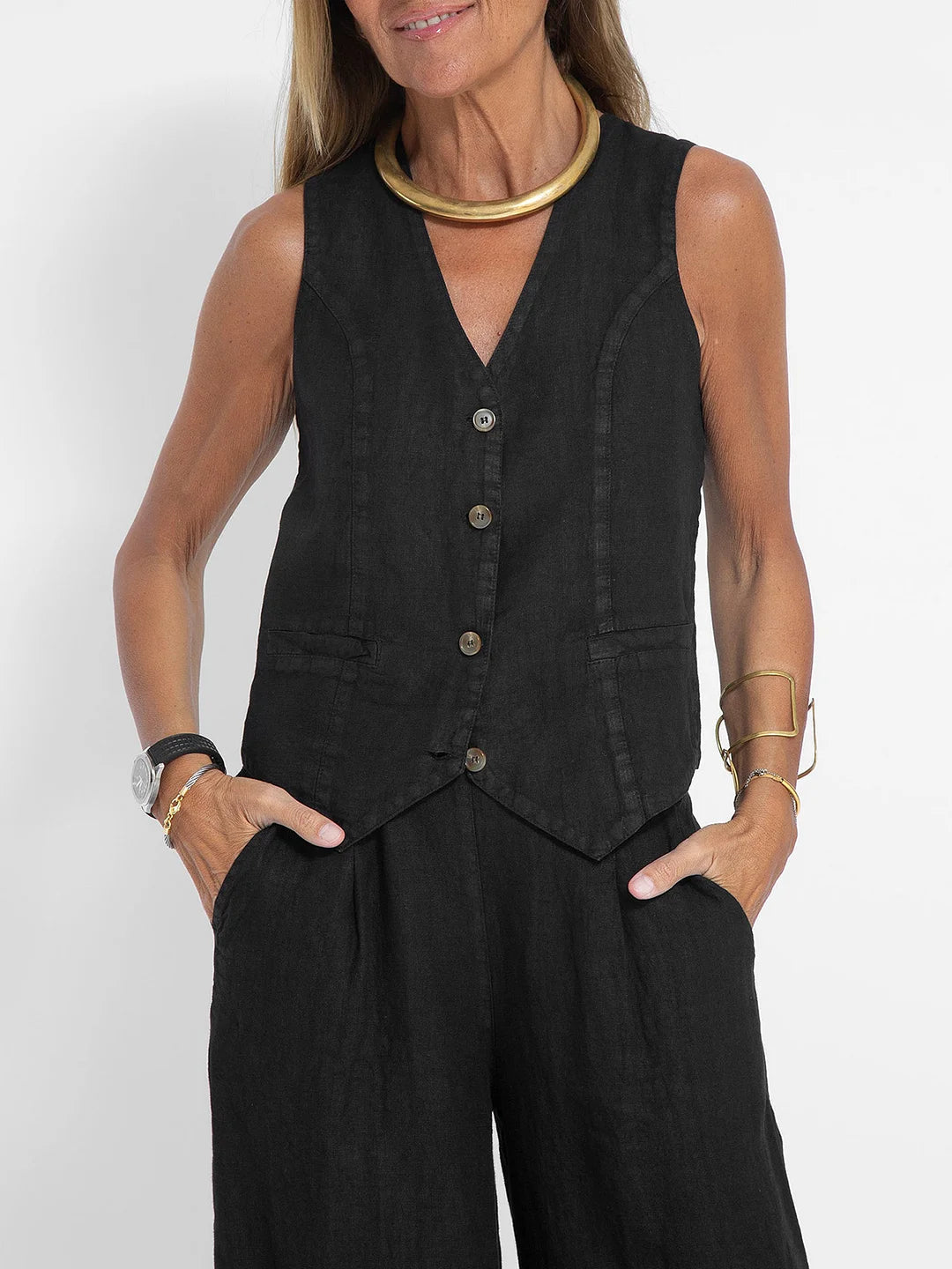 Sleeveless V-Neck Vest & Wide-Leg Pants Set for Women