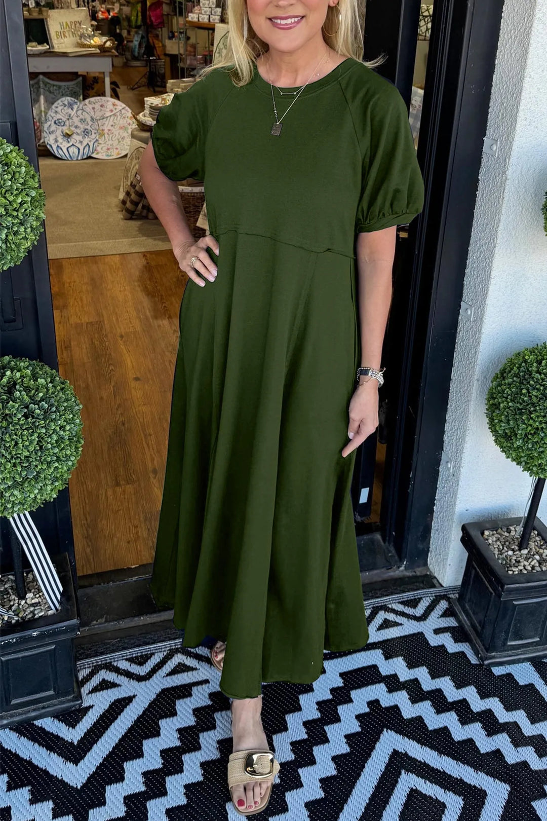 Puff Sleeve Round Neck Maxi Dress for Women, Plus Size