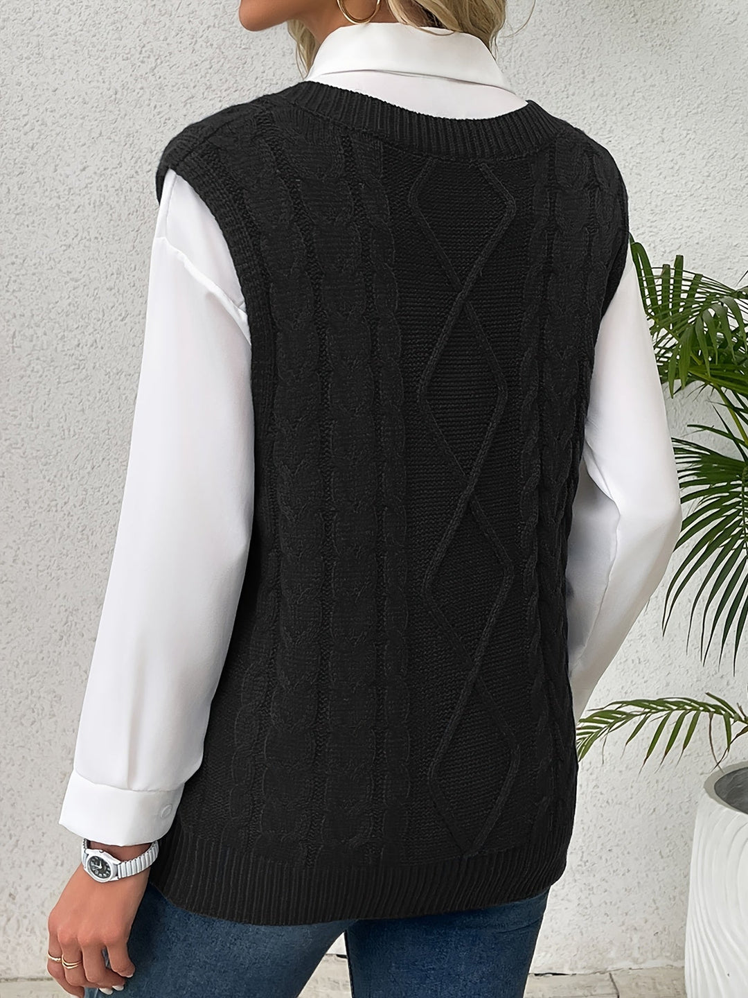 Ladies Cozy Cable-Knit V-Neck Sweater Vest