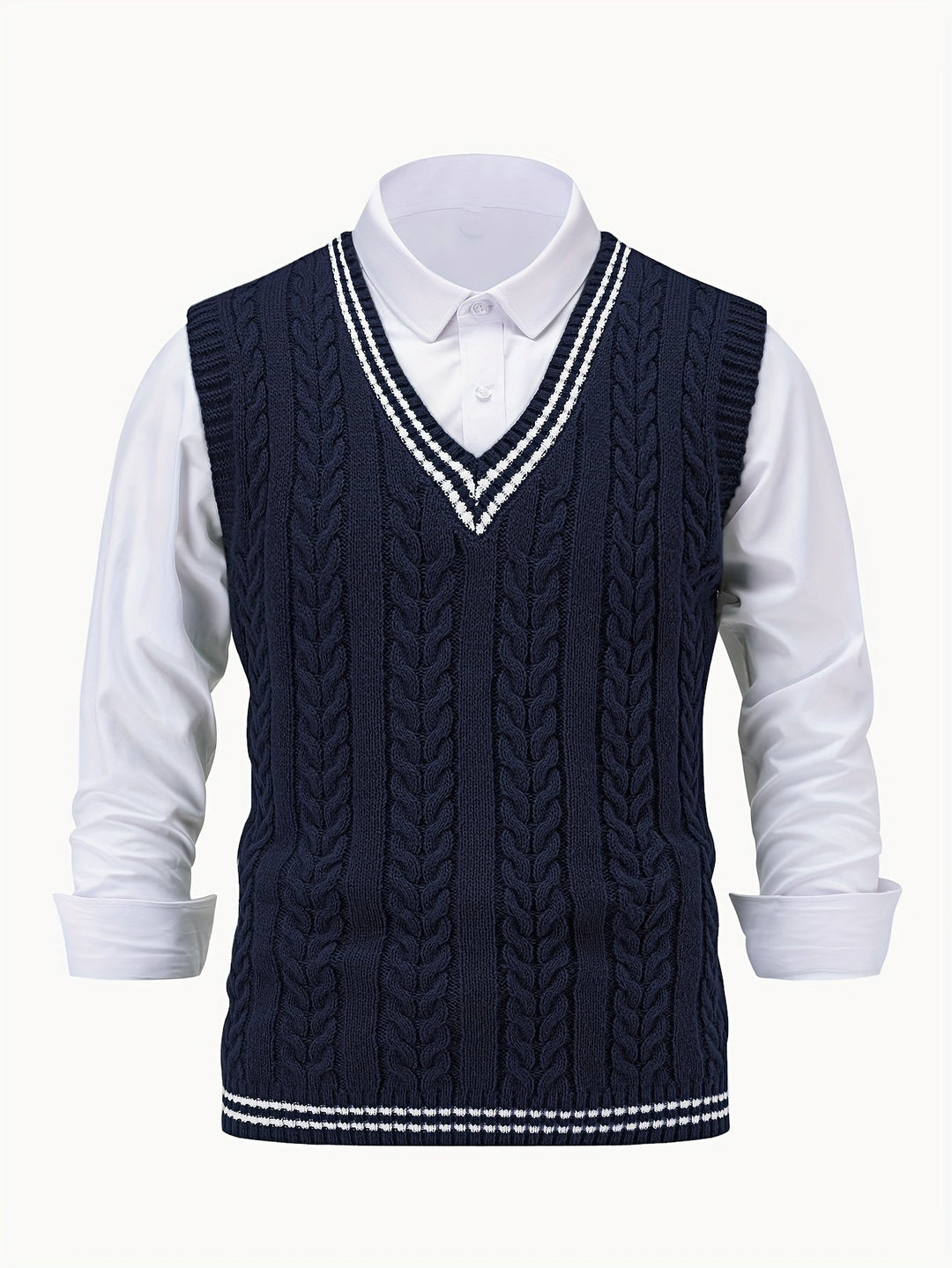 Cable-Knit V-Neck Sweater Vest for Men, Dark Gray