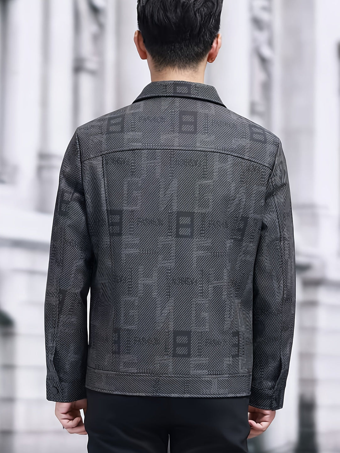 Black Patterned Trucker Jacket for Men