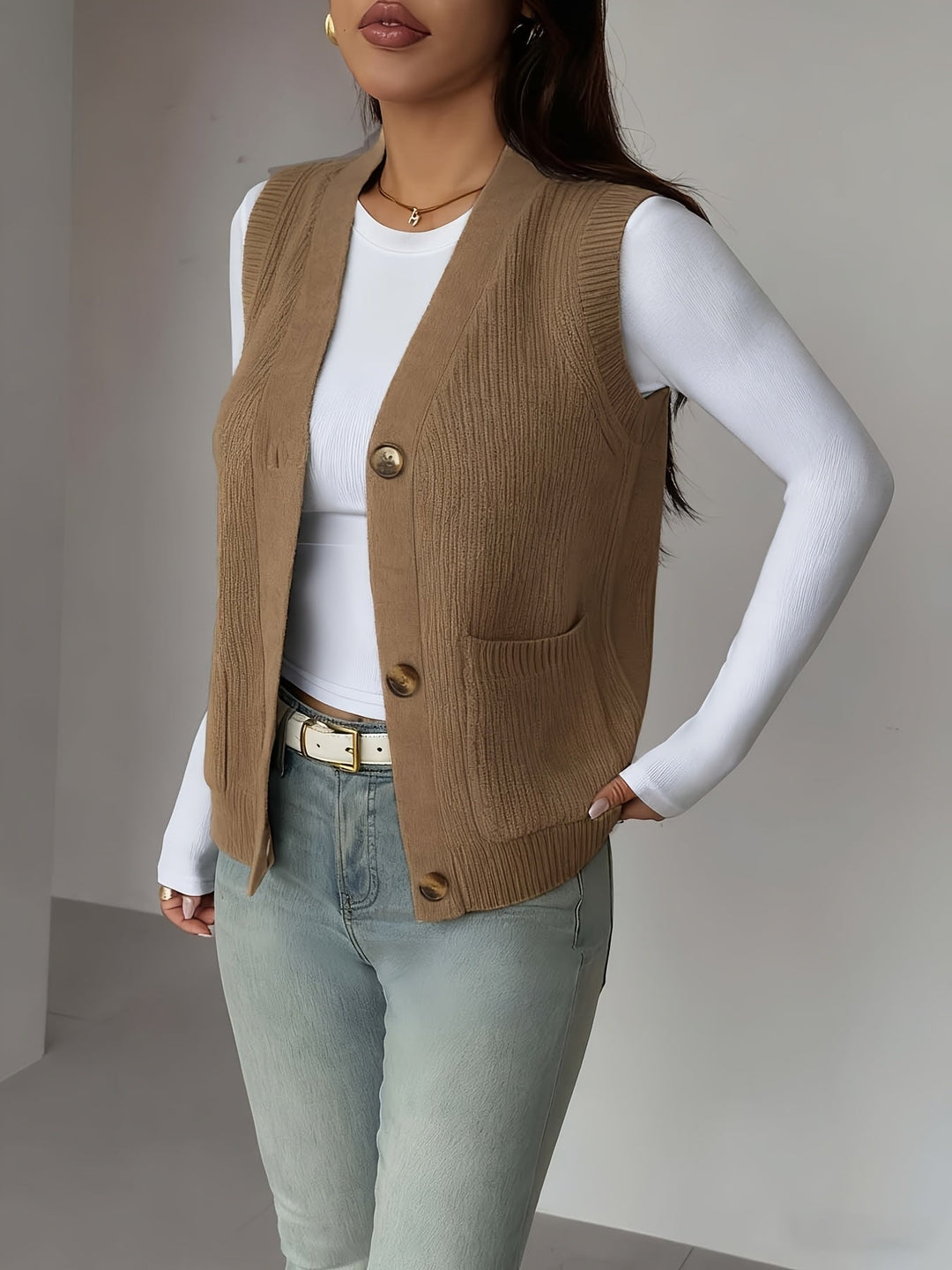 Buttoned V-Neck Knit Vest for Women