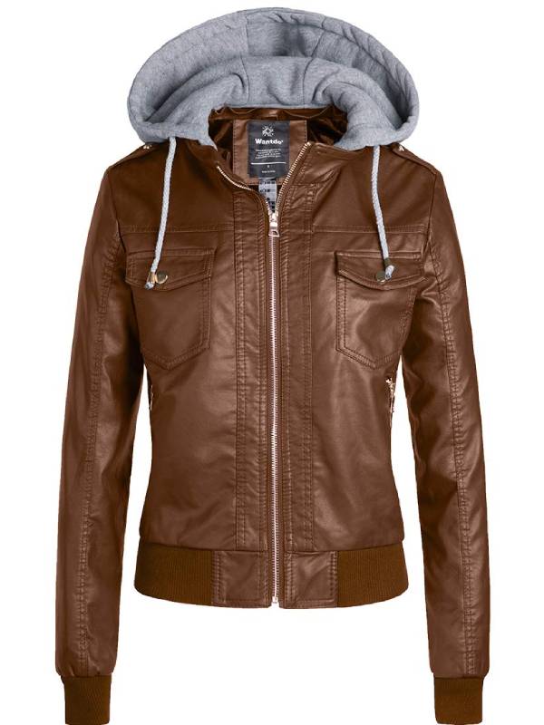 Women's Faux Leather Hooded Biker Moto Jacket – Khaki